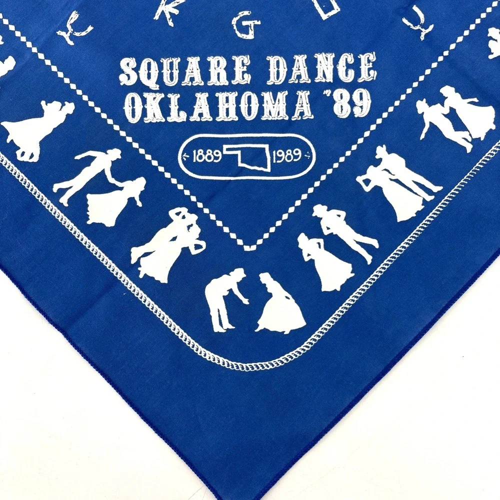 1989 Vintage Oklahoma Square Dance 80s Blue Bandana Handkerchief - 21 x 21‎